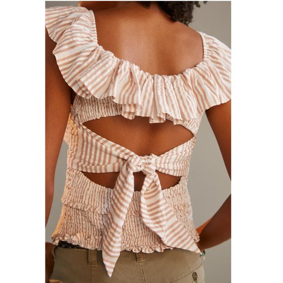 NWT Anthropologie Ruffle Smocked Blouse in Neutral Stripe Size XL - Picture 2 of 12